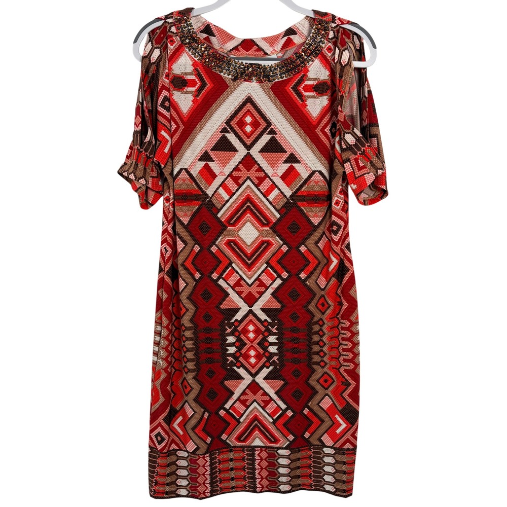 Chico's Cold Shoulder Beaded Tribal Print Dress Size 8 Excellent